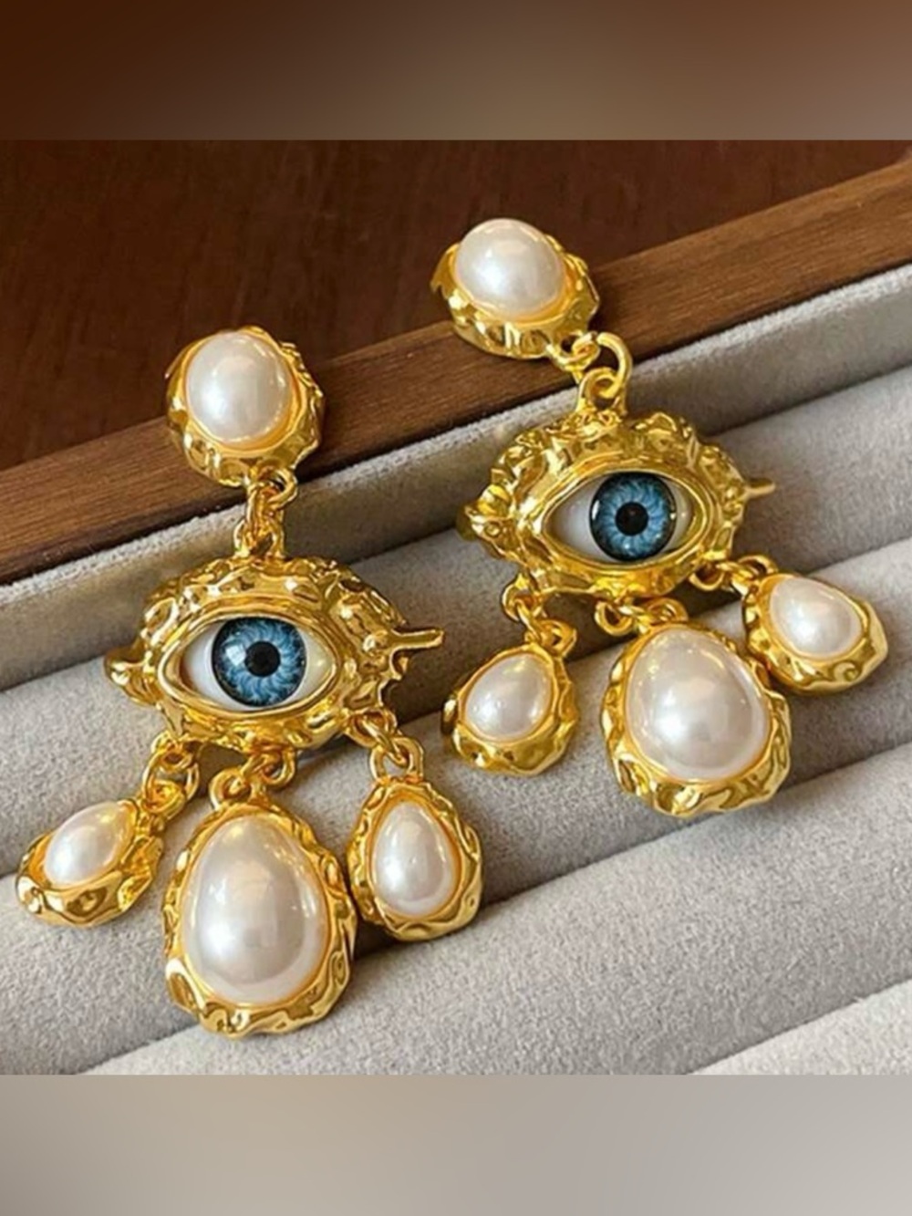 Gold tone Pearl Blue Eye Drop Earrings - Blue Eye